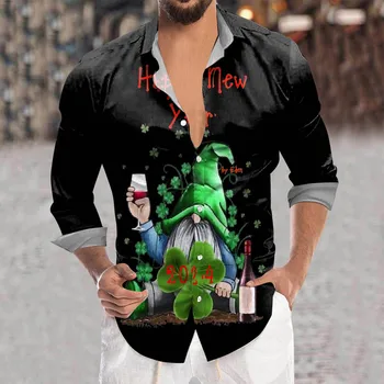 Мужская рубашка с лацканами на пуговицах с цифровым 3D принтом и длинным рукавом в европейском и американском стиле, Однотонные рубашки, красивые мужчины Изображение 2