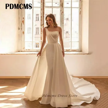 PDMCMS Роскошные свадебные платья Русалки с блестками, плиссированные на одно плечо, свадебные платья из блестящего эластичного атласа, Пляжное блестящее платье невесты