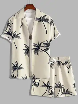 Летний Гавайский комплект 2023 года с принтом пальмы, повседневная пляжная мода, 2 комплекта одежды