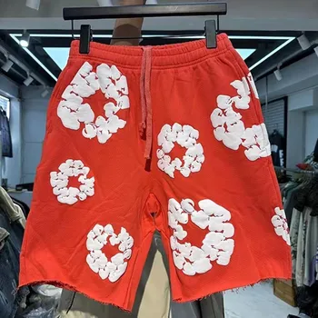 2024 Новые красные джинсовые шорты с принтом Kapok Puff Tears Для мужчин и женщин, шорты с хлопковым венком, Свободные махровые бриджи на завязках