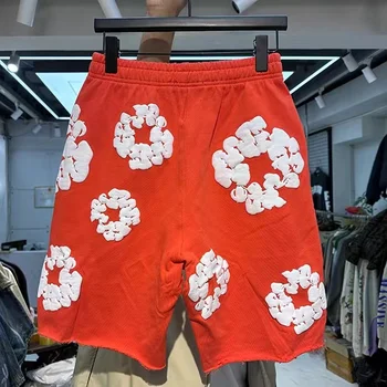 2024 Новые красные джинсовые шорты с принтом Kapok Puff Tears Для мужчин и женщин, шорты с хлопковым венком, Свободные махровые бриджи на завязках Изображение 2