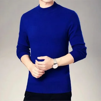 Мужская толстая / тонкая вязаная водолазка с высоким воротом, теплая легкая базовая рубашка делового кроя, однотонный простой винтажный свитер, мужской Изображение 2