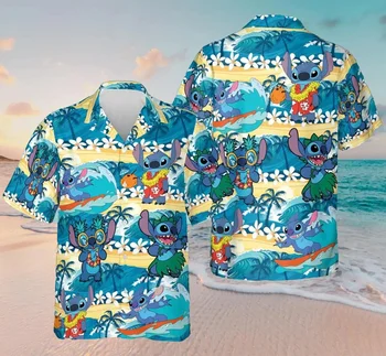 Гавайская рубашка Lilo And Stitch Surf Для Мужчин И Женщин, Повседневная Пляжная Рубашка С Коротким Рукавом, Гавайская рубашка Disney, Модная Рубашка В Стиле Харадзюку