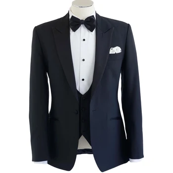 Темно-синий деловой мужской костюм с лацканами на одной пуговице, свадебные смокинги для жениха, костюм-тройка (пиджак + жилет + брюки)