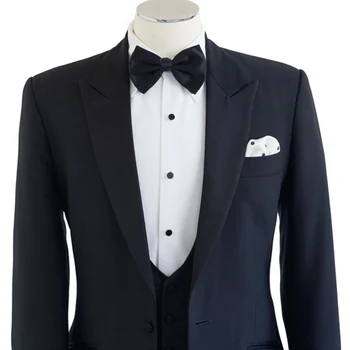 Темно-синий деловой мужской костюм с лацканами на одной пуговице, свадебные смокинги для жениха, костюм-тройка (пиджак + жилет + брюки) Изображение 2