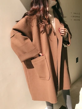 Пальто в корейском стиле, черное шерстяное пальто, женское Осенне-зимнее пальто 2023, новое модное теплое кашемировое пальто, утолщенный шерстяной кардиган