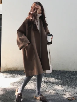 Пальто в корейском стиле, черное шерстяное пальто, женское Осенне-зимнее пальто 2023, новое модное теплое кашемировое пальто, утолщенный шерстяной кардиган Изображение 2
