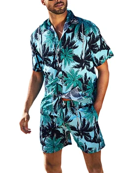 Мужская гавайская рубашка с тропическим цветочным рисунком, повседневные рубашки Aloha на пуговицах с коротким рукавом и пляжным принтом