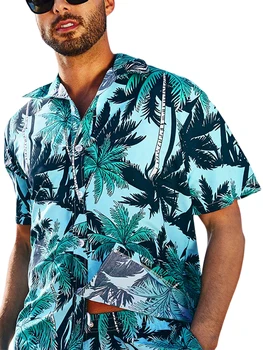 Мужская гавайская рубашка с тропическим цветочным рисунком, повседневные рубашки Aloha на пуговицах с коротким рукавом и пляжным принтом Изображение 2