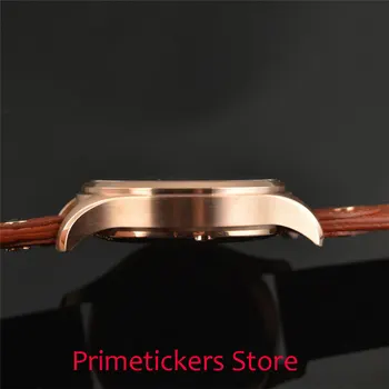 Позолоченный корпус 43 мм PARNIS черный циферблат дата сапфировое стекло автоматические мужские часы кожаный ремешок Изображение 2