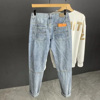 Модные уличные мужские прямые джинсовые брюки свободного кроя в корейском стиле для осени и зимы, винтажная одежда, ковбойские штаны для мужчин Изображение 2