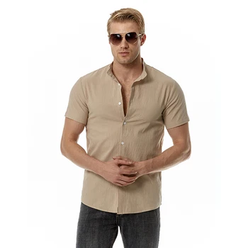 4 цвета! 2023 Летняя новая мужская хлопковая рубашка Henry с конопляным вырезом, высококачественная повседневная однотонная пляжная футболка, мужские рубашки Изображение 2