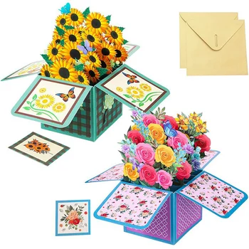 2 шт Открытки с розами из семян подсолнечника, Цветные поздравительные открытки на День Матери, 3D конверт с букетом На День матери, подарки для мам