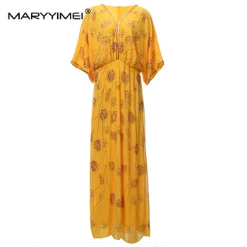 MARYYIMEI, новое модное дизайнерское платье для подиума, женское платье с V-образным вырезом и пышными рукавами, нитка бисера, Блестящее платье с пайетками