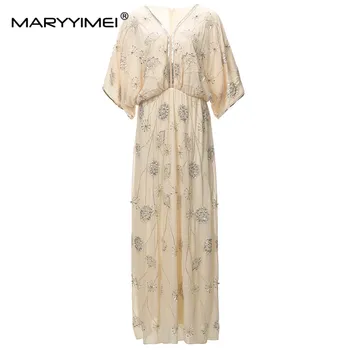 MARYYIMEI, новое модное дизайнерское платье для подиума, женское платье с V-образным вырезом и пышными рукавами, нитка бисера, Блестящее платье с пайетками Изображение 2