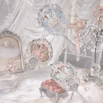 Ручное зеркало серии Flower Knows Swan Ballet, 3 Типа Изысканных Рельефных Инструментов для макияжа, Синее Розовое Женское Зеркало для макияжа HD