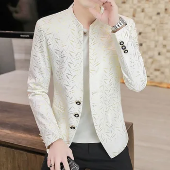 Мужской бронзовый пиджак с воротником-стойкой HOO 2023, молодежный повседневный модный приталенный блейзер с индивидуальными принтами