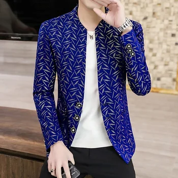 Мужской бронзовый пиджак с воротником-стойкой HOO 2023, молодежный повседневный модный приталенный блейзер с индивидуальными принтами Изображение 2