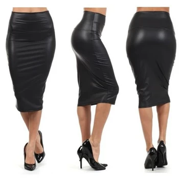 Женская сексуальная юбка из искусственной кожи с высокой талией, Черная Облегающая клубная одежда, Винтажная офисная юбка-карандаш Длиной до колен, Женская Однотонная одежда