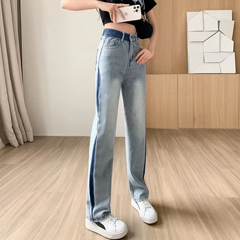 Джинсы с высокой талией Женская уличная одежда Корейская джинсовая одежда Облегающие брюки Мода с прямыми штанинами