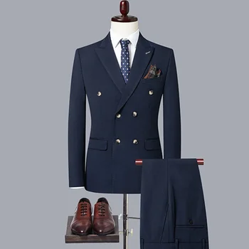 Модный Новый мужской повседневный бутик 2024, Двубортный Однотонный деловой костюм, пиджак, брюки, комплект из 2 предметов, Блейзеры, пальто