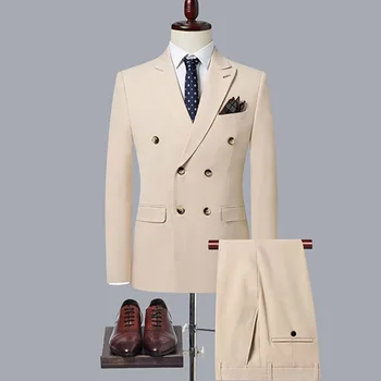 Модный Новый мужской повседневный бутик 2024, Двубортный Однотонный деловой костюм, пиджак, брюки, комплект из 2 предметов, Блейзеры, пальто Изображение 2