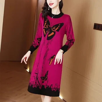 Женское осенне-зимнее трикотажное платье оверсайз, винтажное платье в стиле пэчворк с круглым вырезом, женские платья-свитера трапециевидной формы с тонким низом CY8