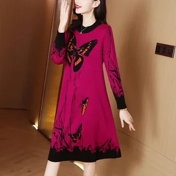 Женское осенне-зимнее трикотажное платье оверсайз, винтажное платье в стиле пэчворк с круглым вырезом, женские платья-свитера трапециевидной формы с тонким низом CY8 Изображение 2