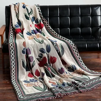 180x130 см Винтажные цветы Тюльпана Универсальные Одеяла Тканый Жаккардовый плед для дивана, одеяло для кемпинга, одеяло для путешествий, домашний декор Изображение 2