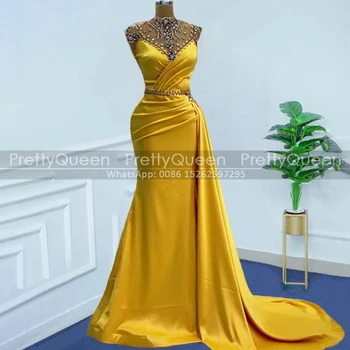 Платья для выпускного вечера в стиле русалки в складку, роскошные бусины, прозрачная лента с высоким воротом, Aso Ebi, женские золотисто-желтые атласные платья для приема гостей