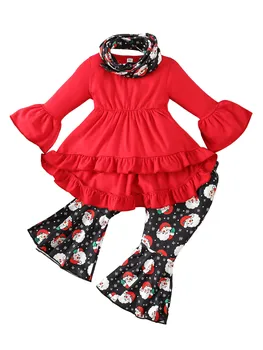 Рождественский наряд для девочек от 1 до 6 лет, рождественская одежда для малышей, футболки с длинными рукавами, топ-платье с принтом Санта-Клауса, Расклешенные брюки, шарф Изображение 2
