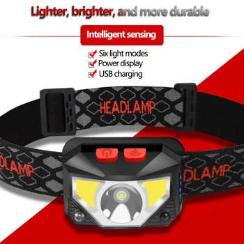 8 Режимов Датчик Движения Сенсорная Фара COB LED Налобный Фонарь USB Перезаряжаемый Водонепроницаемый Белый и красный Свет Рыболовный фонарь