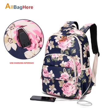 Новые рюкзаки с цветочным принтом и USB-зарядкой, Женская Нейлоновая водонепроницаемая школьная сумка для девочки-подростка, Повседневный рюкзак для ноутбука, Женский рюкзак для путешествий