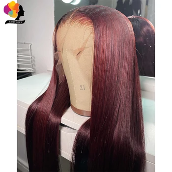 парик из человеческих волос 13x4 Темно-бордового цвета, парик из человеческих волос 99J, Парики из человеческих волос красного цвета, предварительно выщипанные прозрачные кружевные парики