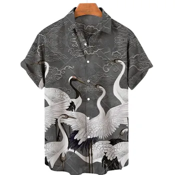 Мужские рубашки с изображением журавля с 3D принтом, топы в китайском стиле с коротким рукавом, Свободная мужская рубашка оверсайз, Винтажная одежда Camisa