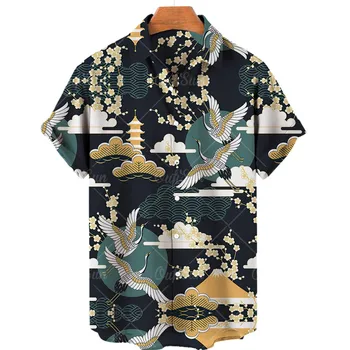 Мужские рубашки с изображением журавля с 3D принтом, топы в китайском стиле с коротким рукавом, Свободная мужская рубашка оверсайз, Винтажная одежда Camisa Изображение 2
