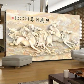 бейбехан Пользовательские обои 3d фрески властная восьмерка лошадей мраморные рельефные стены гостиная спальня ресторан 3d обои Изображение 2