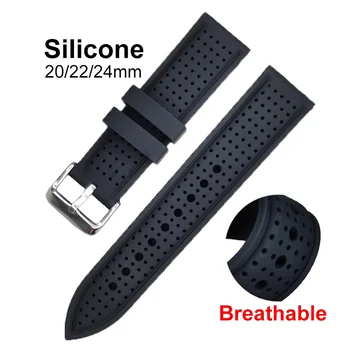 Силиконовый резиновый ремешок для часов 20мм 22мм 24мм Дышащий мягкий ремешок для часов для женщин мужчин Спортивный браслет Черный Спортивный уличный браслет