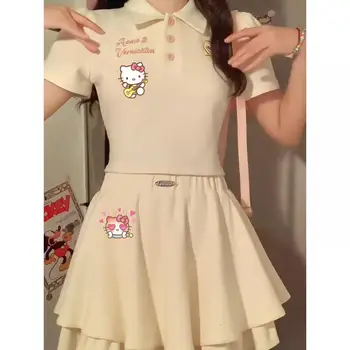 Комплект юбок-поло с вышивкой Hello Kitty с коротким рукавом, комплект из аниме-мультфильма Sanrio Hellokitty, костюм-двойка для девочек в подарок