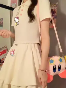Комплект юбок-поло с вышивкой Hello Kitty с коротким рукавом, комплект из аниме-мультфильма Sanrio Hellokitty, костюм-двойка для девочек в подарок Изображение 2