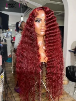 99J Бордово-Красные Парики 13 × 4 Глубокая Волна Кружева Фронтальный Парик Человеческих Волос Цветные Вьющиеся Человеческие Волосы Длинные Парики для Женщин Прозрачное Кружево
