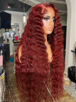 99J Бордово-Красные Парики 13 × 4 Глубокая Волна Кружева Фронтальный Парик Человеческих Волос Цветные Вьющиеся Человеческие Волосы Длинные Парики для Женщин Прозрачное Кружево Изображение 2