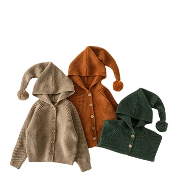 2023 Вязаный свитер с капюшоном для девочек, детское шерстяное пальто морковного цвета, кардиганы для мальчиков, зимняя одежда для маленьких девочек