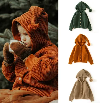 2023 Вязаный свитер с капюшоном для девочек, детское шерстяное пальто морковного цвета, кардиганы для мальчиков, зимняя одежда для маленьких девочек Изображение 2