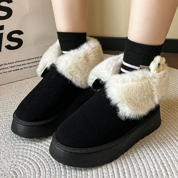 Новые зимние женские короткие плюшевые теплые зимние ботинки; повседневная обувь на плоской подошве; Женская обувь на платформе 
