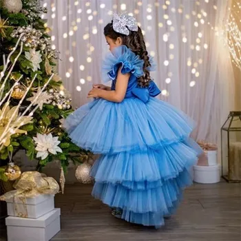 Синие платья с цветочным узором для девочек, короткие рукава, фатиновые аппликации для Первого причастия, асимметричное платье для свадебной вечеринки, бальное платье принцессы