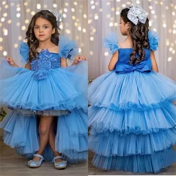 Синие платья с цветочным узором для девочек, короткие рукава, фатиновые аппликации для Первого причастия, асимметричное платье для свадебной вечеринки, бальное платье принцессы Изображение 2