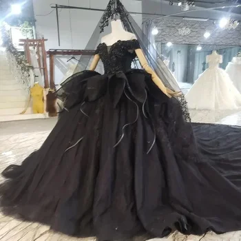 Черное платье невесты с бисером и жемчугом, великолепный V-образный вырез с открытыми плечами, бальные платья с рюшами и шлейфом, свадебное платье большого размера