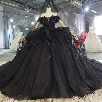 Черное платье невесты с бисером и жемчугом, великолепный V-образный вырез с открытыми плечами, бальные платья с рюшами и шлейфом, свадебное платье большого размера Изображение 2