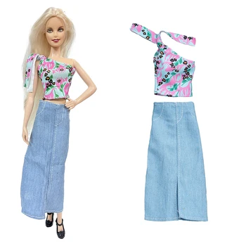 NK 1 Комплект Летнего Пляжного Платья Noble Doll: Топ на бретельках + Джинсовое Платье Для Куклы Барби, одежда для Детского Игрушечного Дома на День Рождения, аксессуары